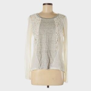 OST Long Sleeve Linen Blend Top Size M Lace Embroidered Round Neck Ivory Gray